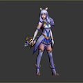 3D Female Character With Blue White Outfit Purple Hair Headpiece And Bow Weapon