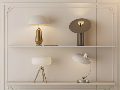 Various Design Table Lamps With Gold Dark Wooden Silver Bases On Shelves Against Light Wall 3d model