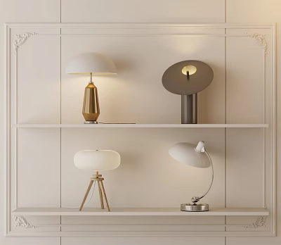 Various Design Table Lamps With Gold Dark Wooden Silver Bases On Shelves Against Light Wall 3d model