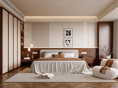 Modern Bedroom Interior Design With Striped Wall Decorative Paintings And Wooden Wardrobe 3d model