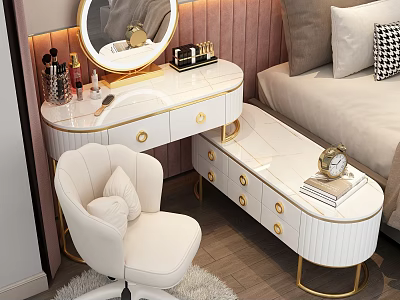Elegant Modern Dressing Table With White Marble Top Gold Accents Round Mirror Chair Sofa 3d model