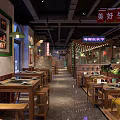 Authentic Hot Pot Restaurant Interior With Brick Walls Wooden Tables And Fresh Ingredients