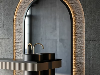 Modern Bathroom Washbasin with Arched LED Lit Mirror Black Countertop and Concrete Wall 3d model