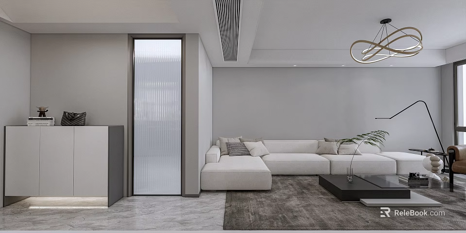 Modern Living And Dining Room Interior With White Sectional Sofa And Gray Area Rug 3d model 