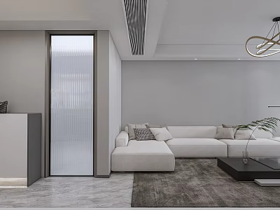 Modern Living And Dining Room Interior With White Sectional Sofa And Gray Area Rug 3d model