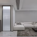 Modern Living And Dining Room Interior With White Sectional Sofa And Gray Area Rug