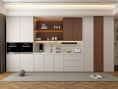 Modern Kitchen Interior With Stylish Wine Cabinet White Brown Cabinets And Warm Lighting 3d model