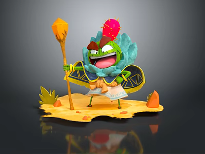 Playful Green Cartoon Character With Red Cactus Crown Torch Shield And Wings 3d model