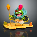 Playful Green Cartoon Character With Red Cactus Crown Torch Shield And Wings