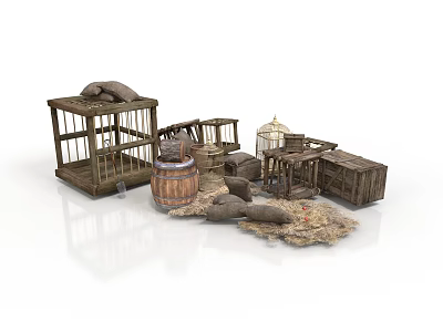 Modern Interior Display With Vintage Wooden Cage Barrel Box Sacks And Clay Pots 3d model
