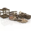 Modern Interior Display With Vintage Wooden Cage Barrel Box Sacks And Clay Pots