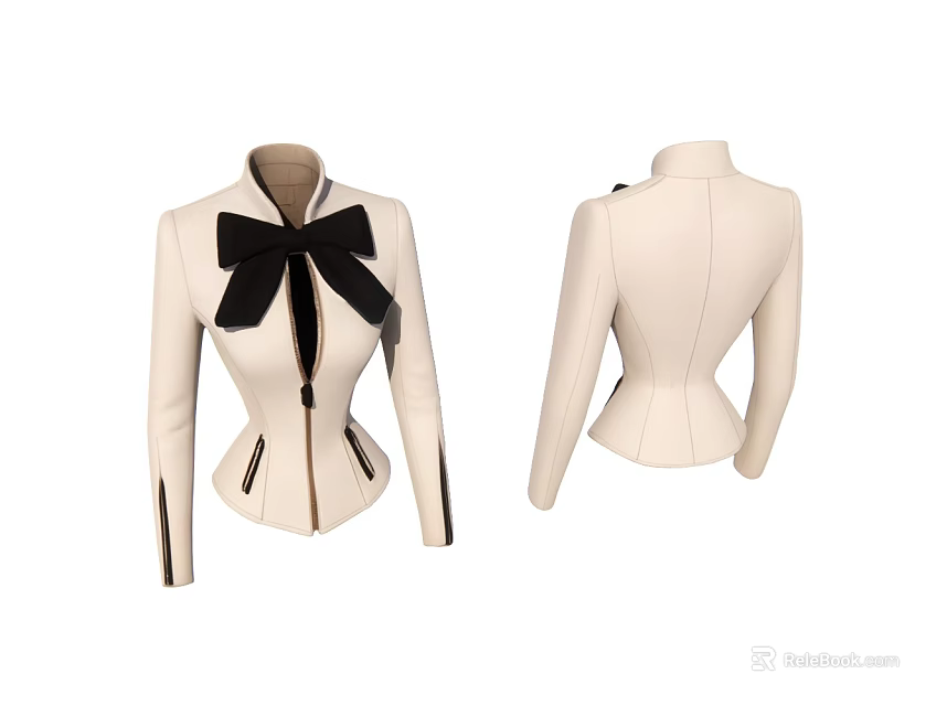 White Fitted Jacket With Black Bow Front And Side Black Trim Details 3d model