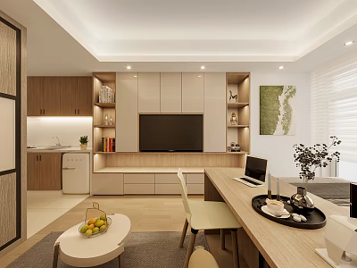 Modern Open Layout Apartment Interior With TV Wall Cabinets Desk And Natural Light 3d model