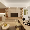 Modern Open Layout Apartment Interior With TV Wall Cabinets Desk And Natural Light
