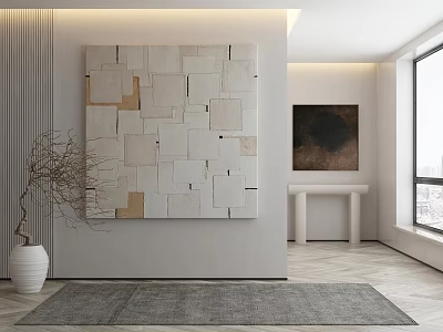 Modern Interior Design With White Brown Block Wall Art White Vase And Gray Rug 3d model