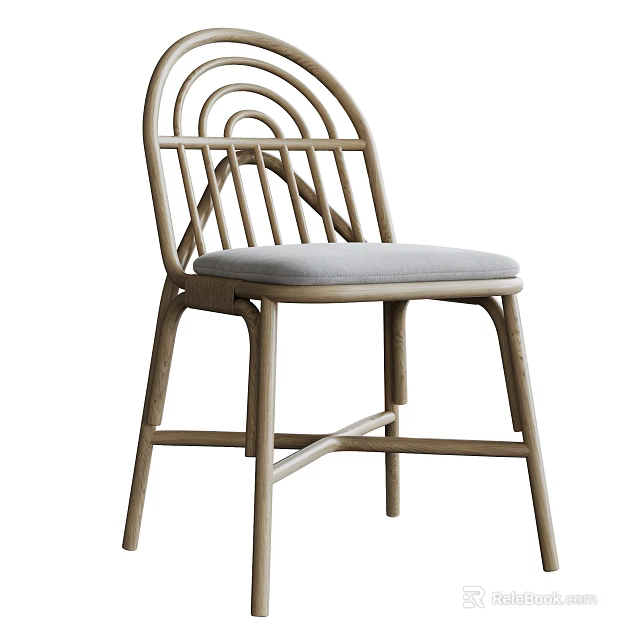 Modern Wooden Dining Chair With Curved Slatted Back And Grey Upholstered Seat 3d model 