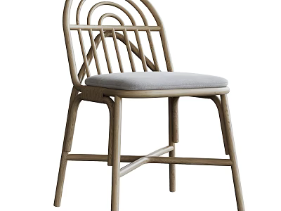 Modern Wooden Dining Chair With Curved Slatted Back And Grey Upholstered Seat 3d model