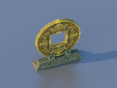 Elegant Golden Circular Decorative Frame With Intricate Patterns On Green Base 3d model