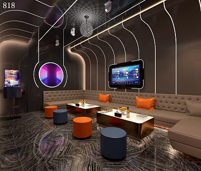 Modern KTV Lounge Interior With Comfortable Sofa Coffee Tables TV Screen And Stylish Lighting 3d model