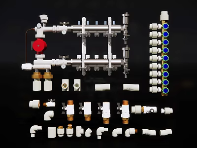 Assorted White And Brass Plumbing Fittings With Manifold Valves And Connectors Components 3d model