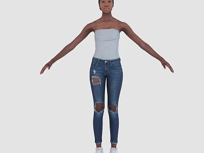 Woman In Strapless Gray Top And Ripped Skinny Blue Jeans Full Body Pose 3d model