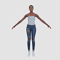 Woman In Strapless Gray Top And Ripped Skinny Blue Jeans Full Body Pose
