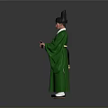 Man in Traditional Green Robe Wearing Black Tall Hat Holding Object Against Gray Background