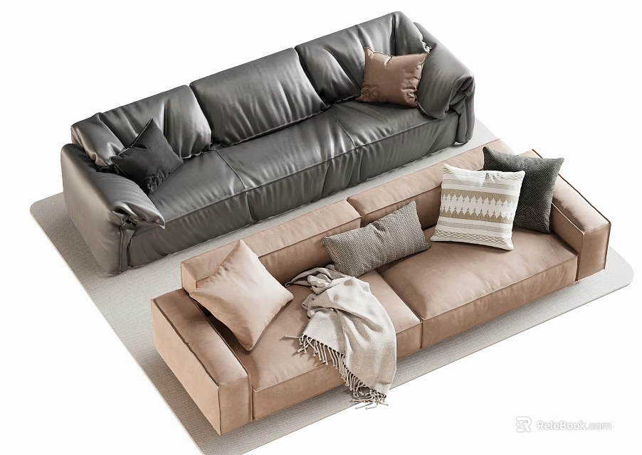 Stylish Two Seater Sofas in Dark Gray and Light Brown with Pillows and Blanket 3d model 