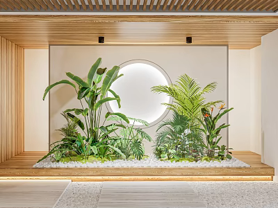 Various Indoor Plants Display With Wooden Lattice Ceiling White Pebbles And Round Mirror 3d model