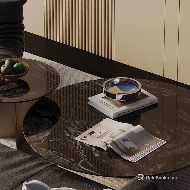 Living Room Sofa Coffee Table Set With Marble Top Decorative Bowl Books And Open Magazine 3d model 