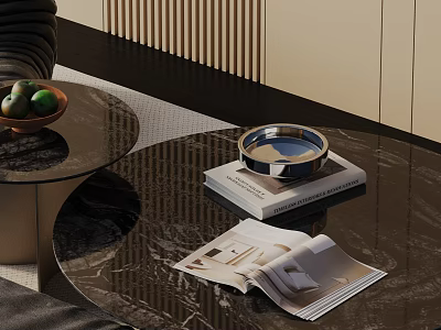 Living Room Sofa Coffee Table Set With Marble Top Decorative Bowl Books And Open Magazine 3d model