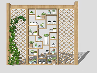 Succulent Plants Display On Multi Tiered Shelves With Wooden Lattice Screen And Green Vines 3d model