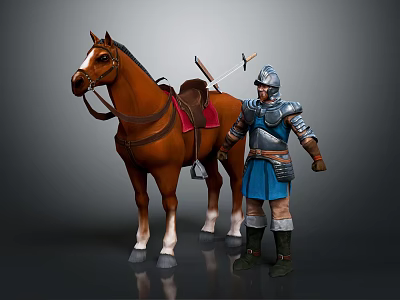 Armored Character in Blue Attire Standing Beside Brown Horse with Red Saddle Pad and Sword 3d model