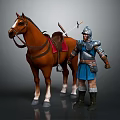Armored Character in Blue Attire Standing Beside Brown Horse with Red Saddle Pad and Sword