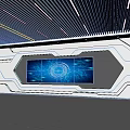Futuristic Interior Space With Large Screen Blue Tech Graphic And Illuminated Geometric Design