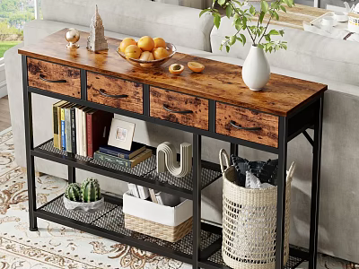 Wooden Top Metal Frame Shelving Unit for Living Room Storage with Fruits Vase Books Baskets 3d model