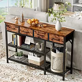 Wooden Top Metal Frame Shelving Unit for Living Room Storage with Fruits Vase Books Baskets
