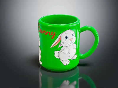 Green Mug With Cute Rabbit Design And Red Bunny Text On Black Background 3d model