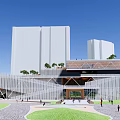 Modern Urban Building With Unique Geometric Design Surrounded By Trees And Pedestrians