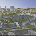 Modern Urban Office Buildings With Green Roofs Glass Facades And Trees Along Roads