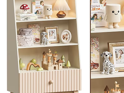 Cute Stuffed Dolls On Wooden Shelf With Photo Frames Wooden Toys And Books 3d model
