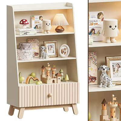 Cute Stuffed Dolls On Wooden Shelf With Photo Frames Wooden Toys And Books 3d model
