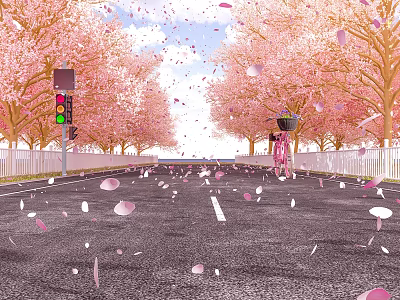 Scenic Road Facilities Featuring Cherry Blossom Trees Traffic Lights Railings Petals And People Walking 3d model