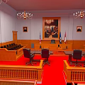 Courtroom Interior Featuring Wooden Furniture Red Carpet Chandelier Chairs And Tables