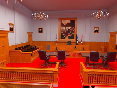 Courtroom Interior Featuring Wooden Furniture Red Carpet Chandelier Chairs And Tables 3d model