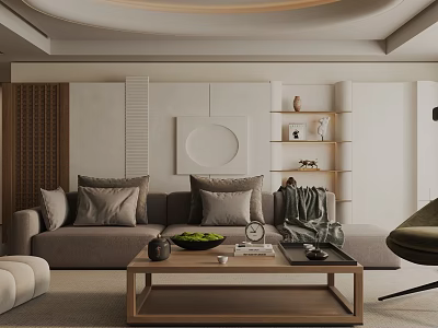 Modern Living Room Interior With Gray Sofa Wooden Coffee Table And Decorative Wall Art 3d model