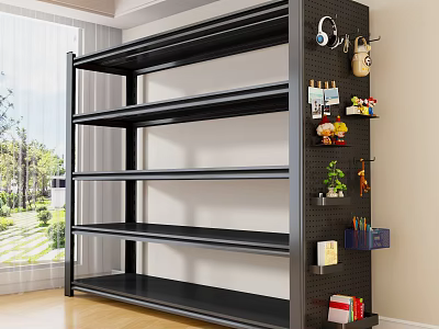 Black Metal Multi tiered Storage Shelf with Hanging Accessories and Indoor Green Plants 3d model