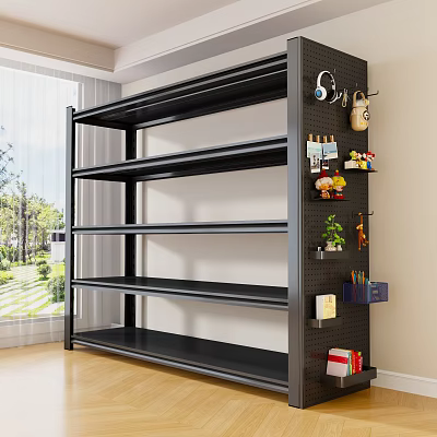 Black Metal Multi tiered Storage Shelf with Hanging Accessories and Indoor Green Plants 3d model