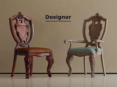 Designer Wooden Dining Chairs With Carved Details And Leather Fabric Seats 3d model