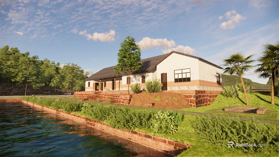 House with white roof and brown walls by lake with lawn trees and brick steps 3d model 